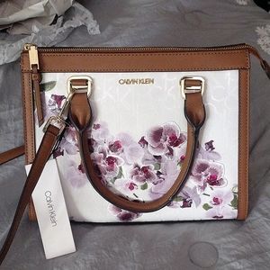 NWT Calvin Klein Janae Orchid Logo Print Satchel